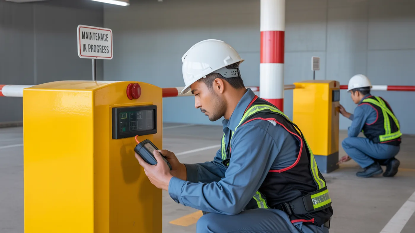 Barrera vehicular automática instalada en acceso controlado, servicio de PIS Power Industrial Solutions