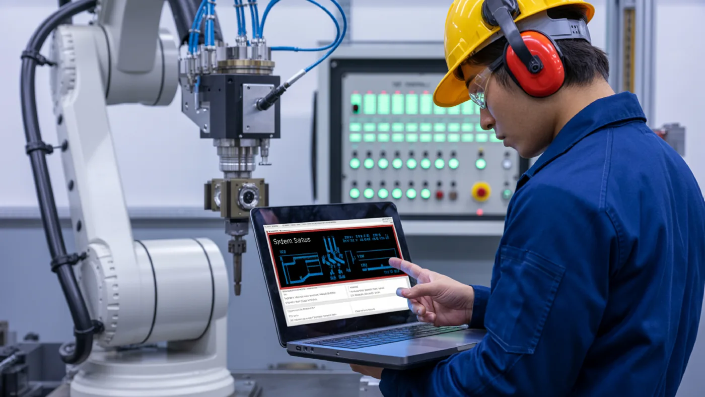 Técnico monitoreando sistema de automatización industrial desde laptop, servicio de PIS Power Industrial Solutions