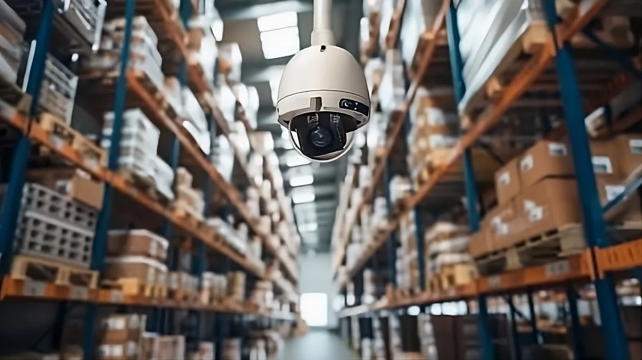 Cámara domo de CCTV supervisando pasillo de racks en almacén industrial, instalación de PIS Power Industrial Solutions